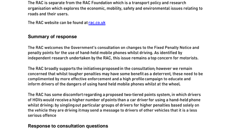 RAC responds to DfT consultation on changes to the Fixed Penalty Notice and penalty points for the use of a hand held mobile phone whilst driving