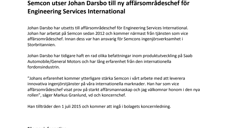 Semcon utser Johan Darsbo till ny affärsområdeschef för Engineering Services International