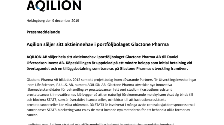 Aqilion säljer sitt aktieinnehav i portföljbolaget Glactone Pharma 