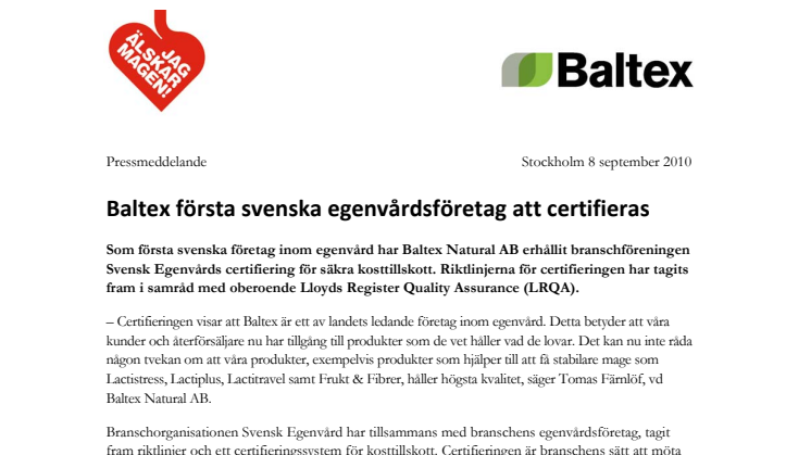 Baltex första svenska egenvårdsföretag att certifieras