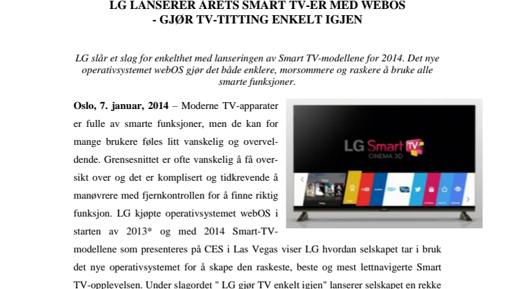 LG LANSERER ÅRETS SMART TV-ER MED WEBOS - GJØR TV-TITTING ENKELT IGJEN