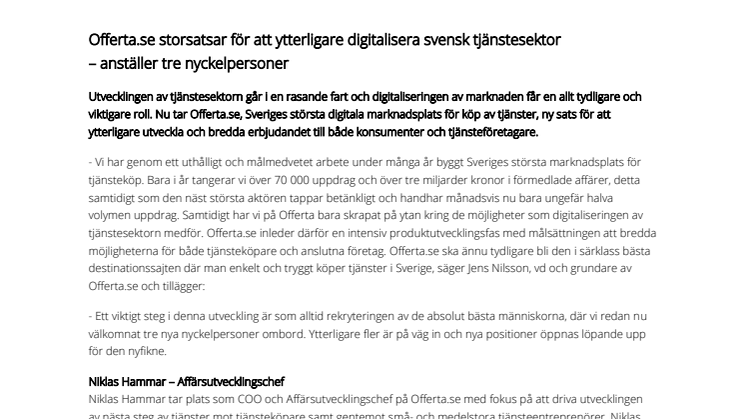 ​Offerta.se storsatsar för att ytterligare digitalisera svensk tjänstesektor – anställer tre nyckelpersoner