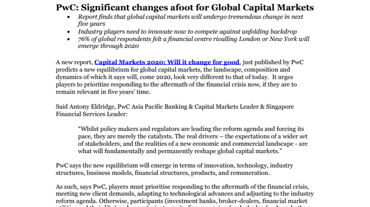 PwC: Significant changes afoot for Global Capital Markets