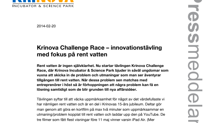 Krinova Challenge Race – innovationstävling med fokus på rent vatten