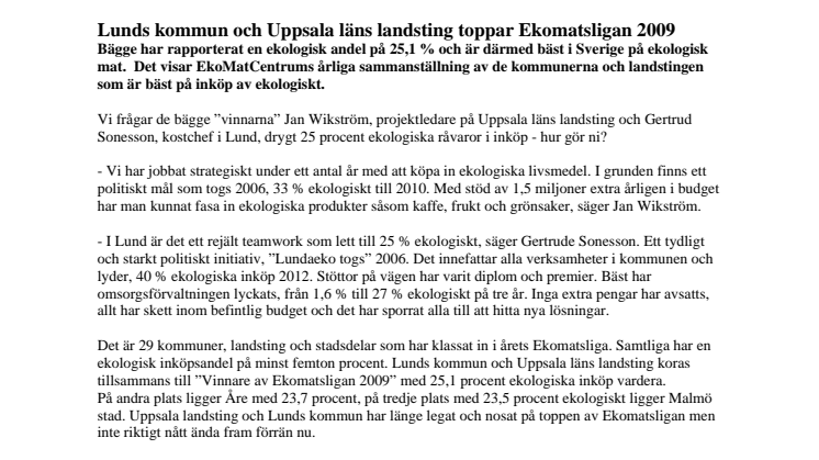 Lunds kommun och Uppsala läns landsting toppar Ekomatsligan 2009