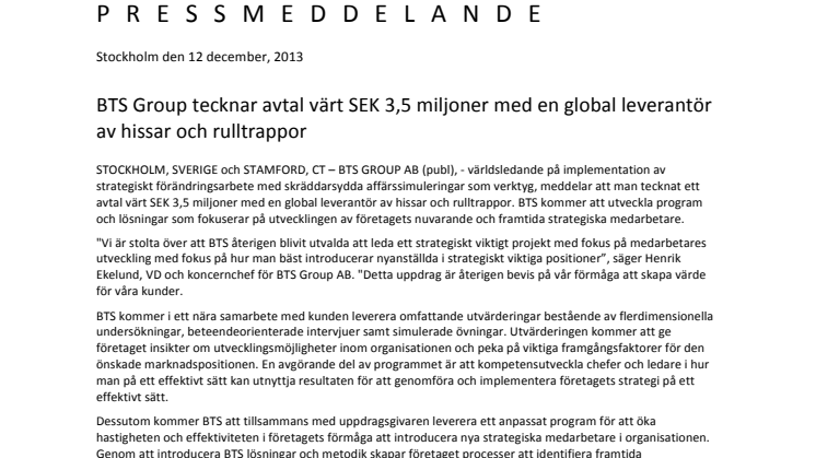 BTS Group tecknar avtal värt SEK 3,5 miljoner med en global leverantör av hissar och rulltrappor