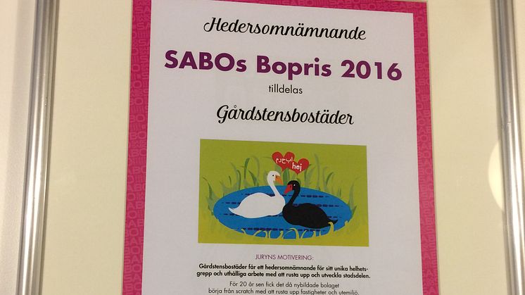 SABOs hedersomnämnande till Gårdstensbostäder