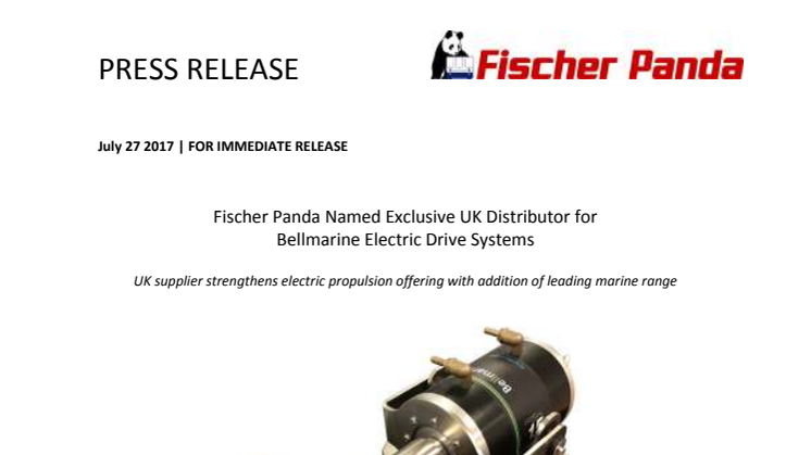 Fischer Panda Named Exclusive UK Distributor for  Bellmarine Electric Drive Systems