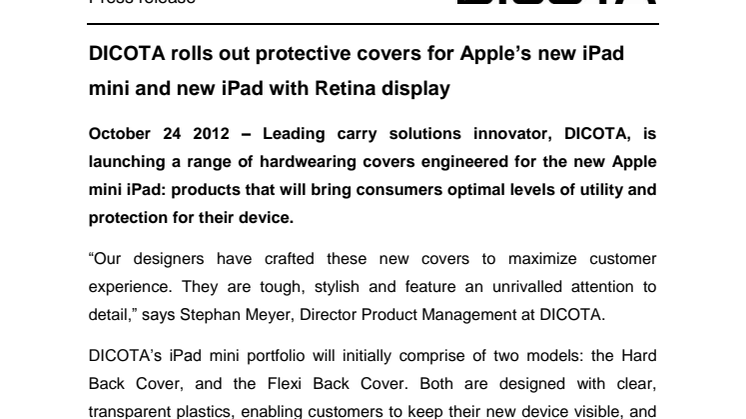 DICOTA rolls out protective covers for Apple’s new iPad mini and new iPad with Retina display