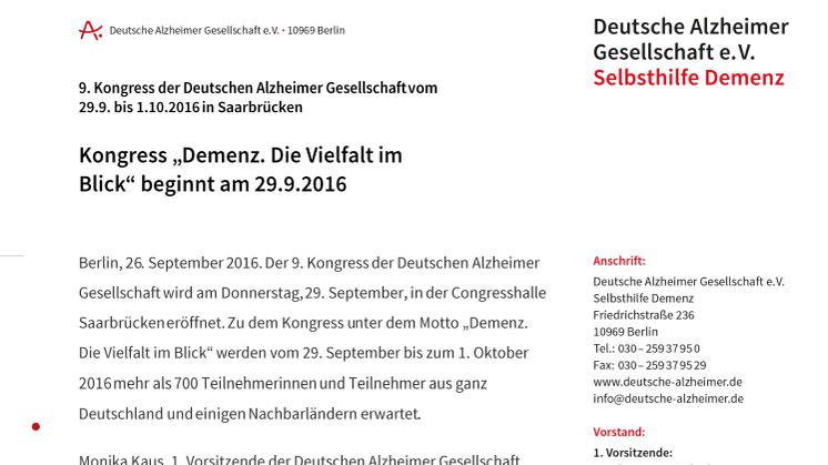 9. Kongress der Deutschen Alzheimer Gesellschaft „Demenz. Die Vielfalt im Blick“ beginnt am 29.9.2016