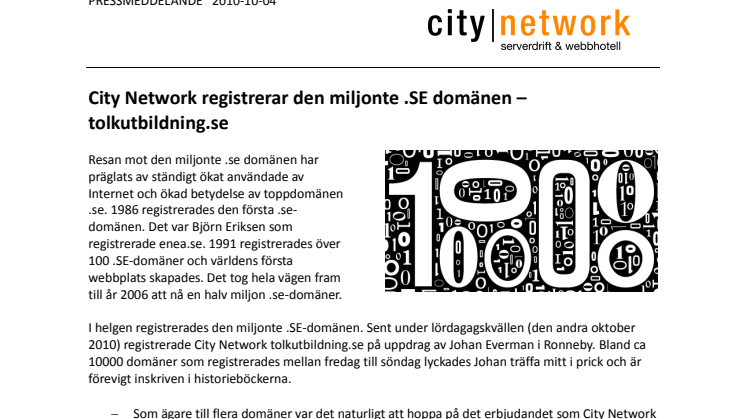City Network registrerar den miljonte .SE domänen – tolkutbildning.se