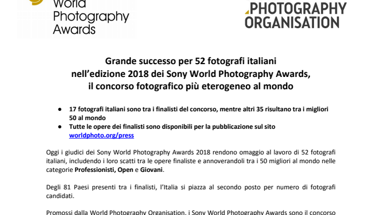 Grande successo per 52 fotografi italiani  nell’edizione 2018 dei Sony World Photography Awards, il concorso fotografico più eterogeneo al mondo