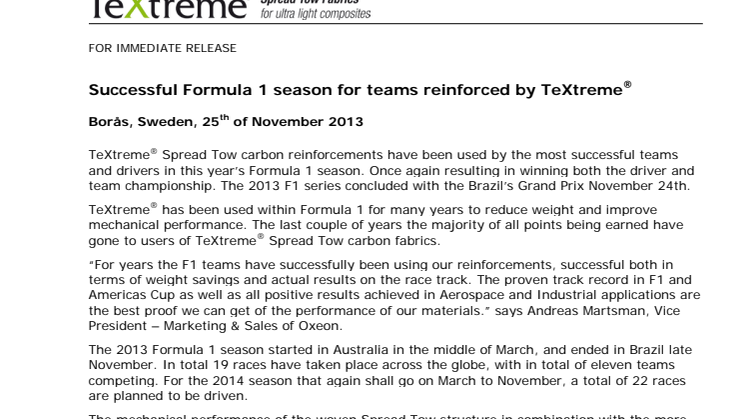 Successful Formula 1 season for teams reinforced by TeXtreme®