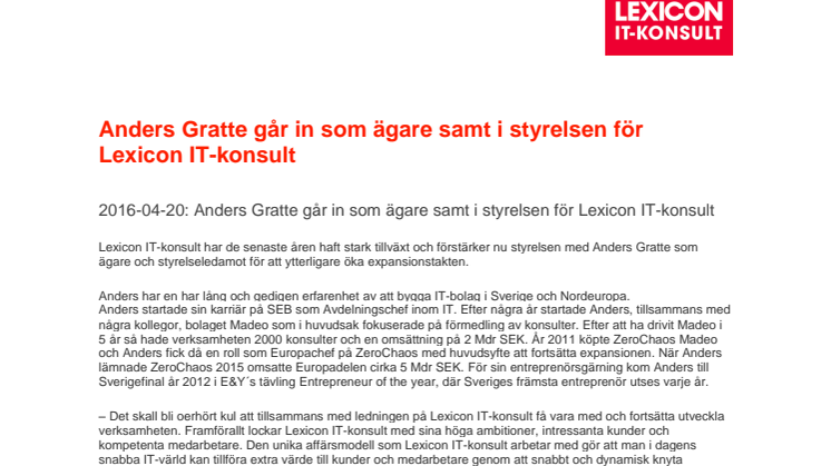 Anders Gratte går in som ägare samt i styrelsen för Lexicon IT-konsult
