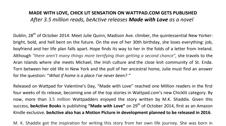 Made with Love, Chick Lit Sensation on Wattpad.com gets published