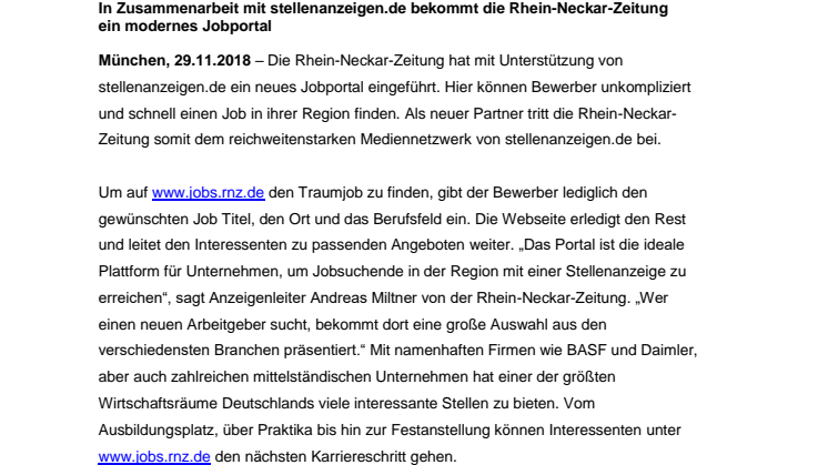 Neues Stellenportal: stellenanzeigen.de kooperiert mit der Rhein-Neckar-Zeitung