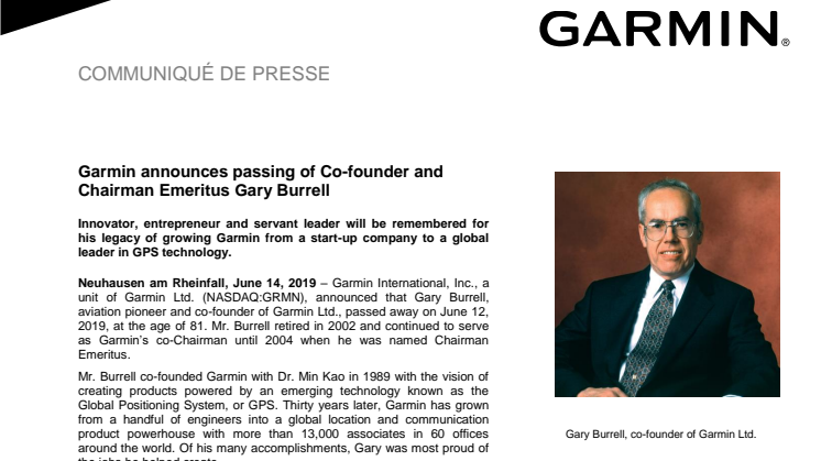 Garmin announces passing of Co-founder and Chairman Emeritus Gary Burrell  