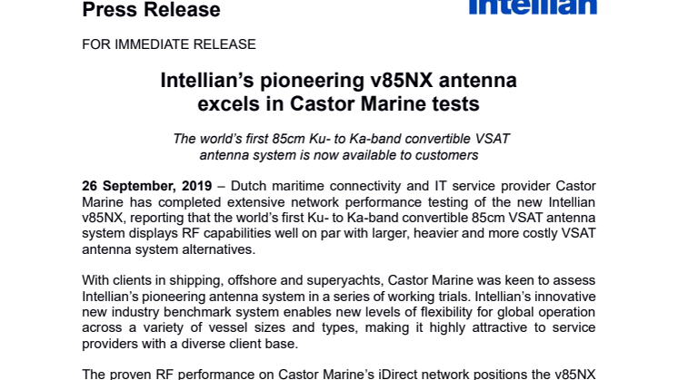 Intellian’s pioneering v85NX antenna excels in Castor Marine tests