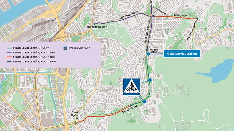 Kartan visar de nya pendelcykelstråk i östra Göteborg som nu byggs och kommer att byggas de kommande åren. Illustration: Trafikkontoret Göteborgs Stad