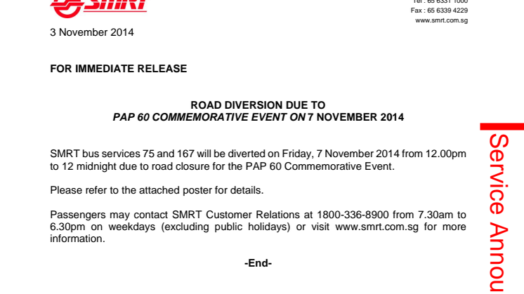 Road Diversion due to PAP60 Commemorative Event on 7 November 2014