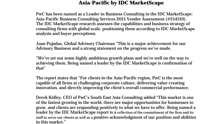 PwC named a leader in Business Consulting services in Asia-Pacific by IDCMarketScape