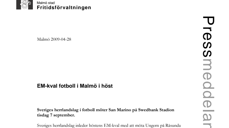 EM-kval fotboll i Malmö i höst 