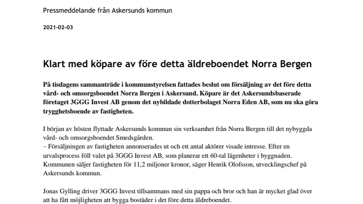 Klart med köpare av före detta äldreboendet Norra Bergen