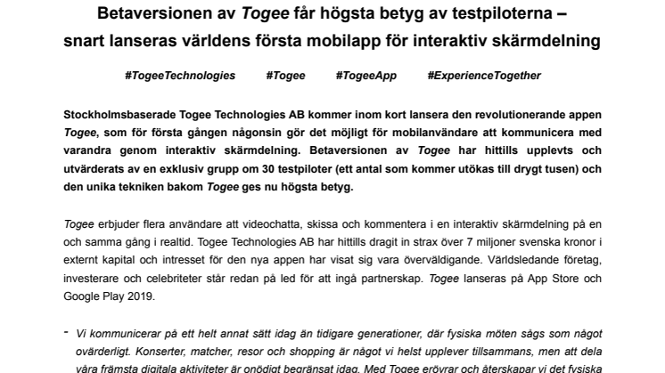 Betaversionen av Togee får högsta betyg av testpiloterna – snart lanseras världens första mobilapp för interaktiv skärmdelning