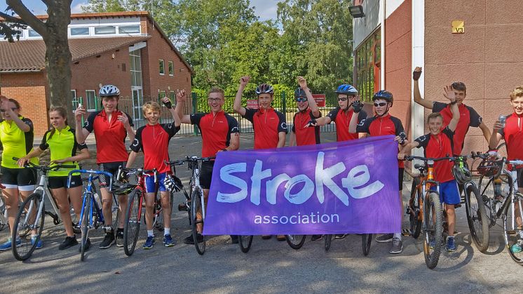 Arden Academy pupils at the end of their 100km cycle for the Stroke Association.