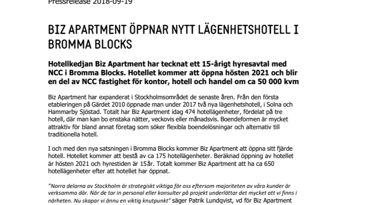 Biz Apartment öppnar nytt lägenhetshotell i Bromma Blocks
