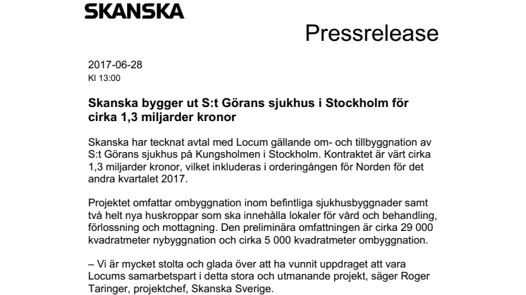 Skanska bygger ut S:t Görans sjukhus i Stockholm för cirka 1,3 miljarder kronor