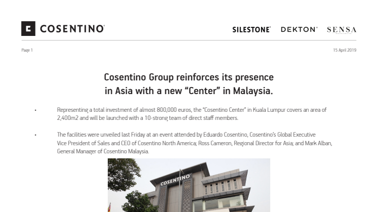 Cosentino Group reinforces its presence in Asia with  a new “Center” in Malaysia 