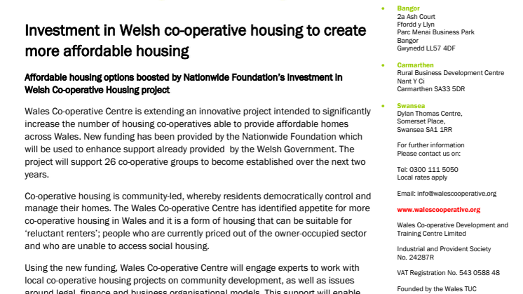 Affordable housing options boosted by Nationwide Foundation’s investment in Welsh Co-operative Housing project  /  Dewisiadau tai fforddiadwy'n derbyn hwb trwy fuddsoddiad y Nationwide Foundation mewn prosiect Tai Cydweithredol yng Nghymru