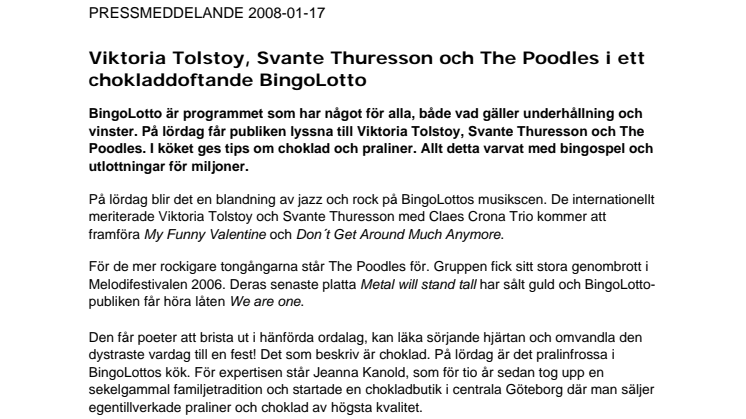 Viktoria Tolstoy, Svante Thuresson och The Poodles i ett chokladdoftande BingoLotto 
