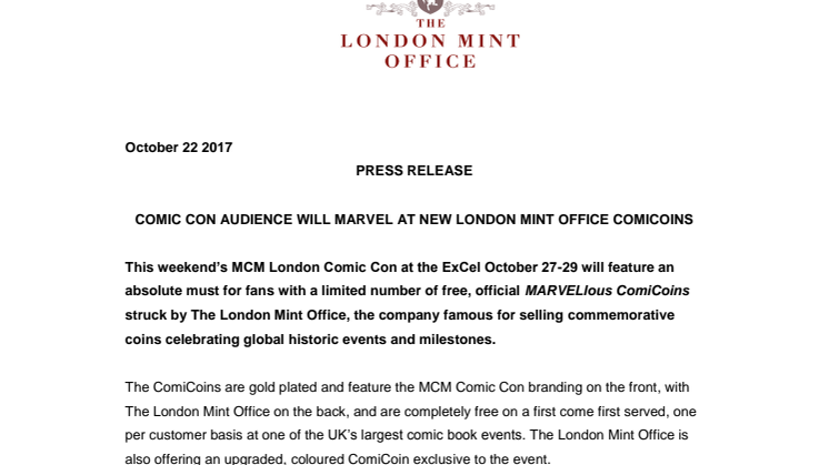 COMIC CON AUDIENCE WILL MARVEL AT NEW LONDON MINT OFFICE COMICOINS
