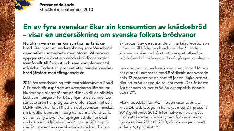 En av fyra svenskar ökar sin konsumtion av knäckebröd – visar en undersökning om svenska folkets brödvanor