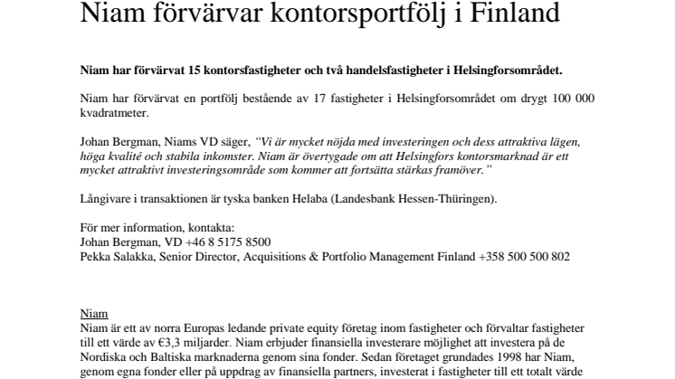 Niam förvärvar kontorsportfölj i Finland