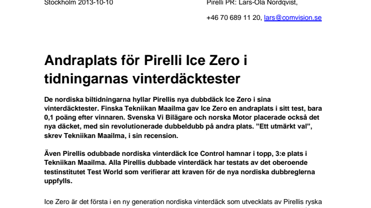 Andraplats för Pirelli Ice Zero i tidningarnas vinterdäcktester