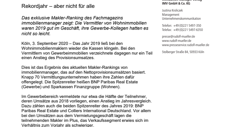 immobilienmanager Makler-Ranking 2020: Rekordjahr – aber nicht für alle