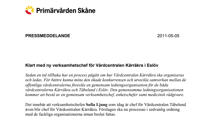 Klart med ny verksamhetschef för Vårdcentralen Kärråkra i Eslöv