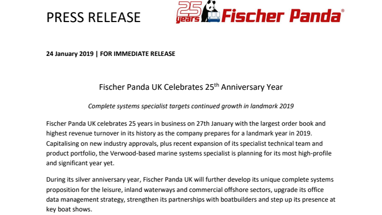 Fischer Panda UK Celebrates 25th Anniversary Year
