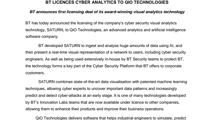 BT licenses cyber analytics to QiO Technologies