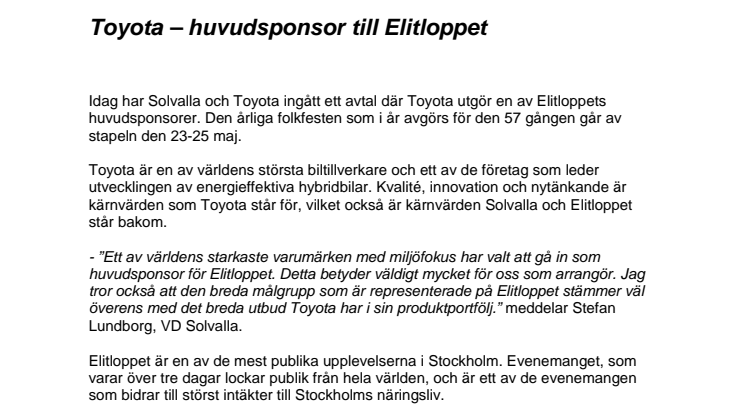 Toyota – huvudsponsor till Elitloppet