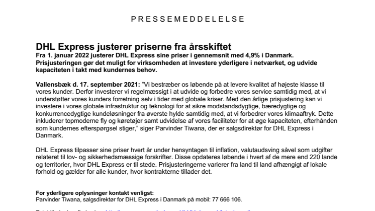 DHL Express justerer priserne fra årsskiftet