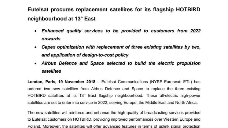 Eutelsat procures replacement satellites for its flagship HOTBIRD neighbourhood at 13° East 