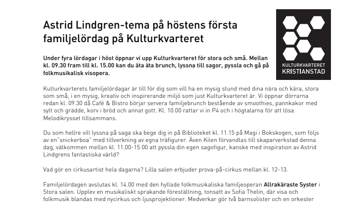 Astrid Lindgren-tema på höstens första familjelördag på Kulturkvarteret