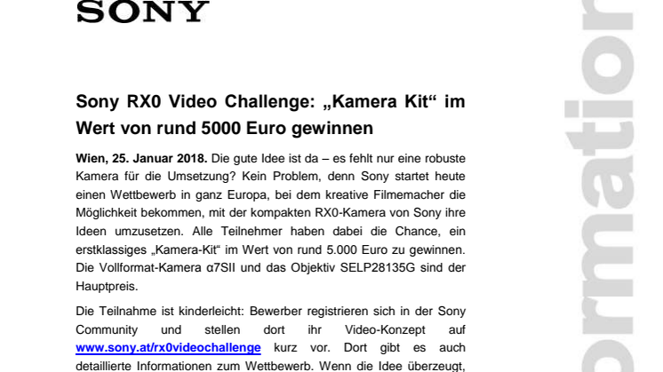 Sony RX0 Video Challenge: „Kamera Kit“ im Wert von rund 5000 Euro gewinnen