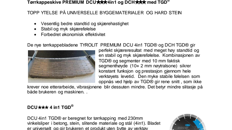Produktblad Tyrolit Diamantblad DCU 4in1 TGD og DCH TGD