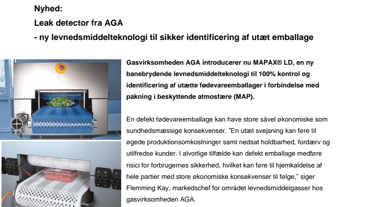 Leak detector fra AGA  - ny levnedsmiddelteknologi til sikker identificering af utæt emballage 