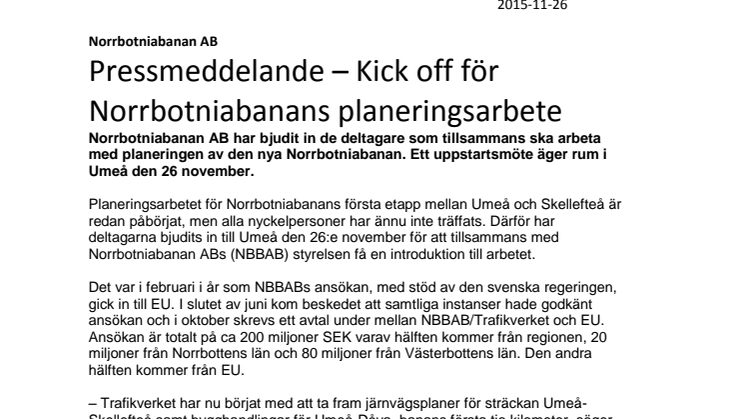 Pressmeddelande – Kick off för Norrbotniabanans planeringsarbete